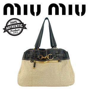 Miu Miu Canvas Ecru Leather trimmed Shoulder bag Black